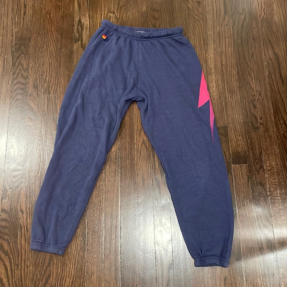 Aviator nation, large, navy sweatpants, and a pink lighting bolt